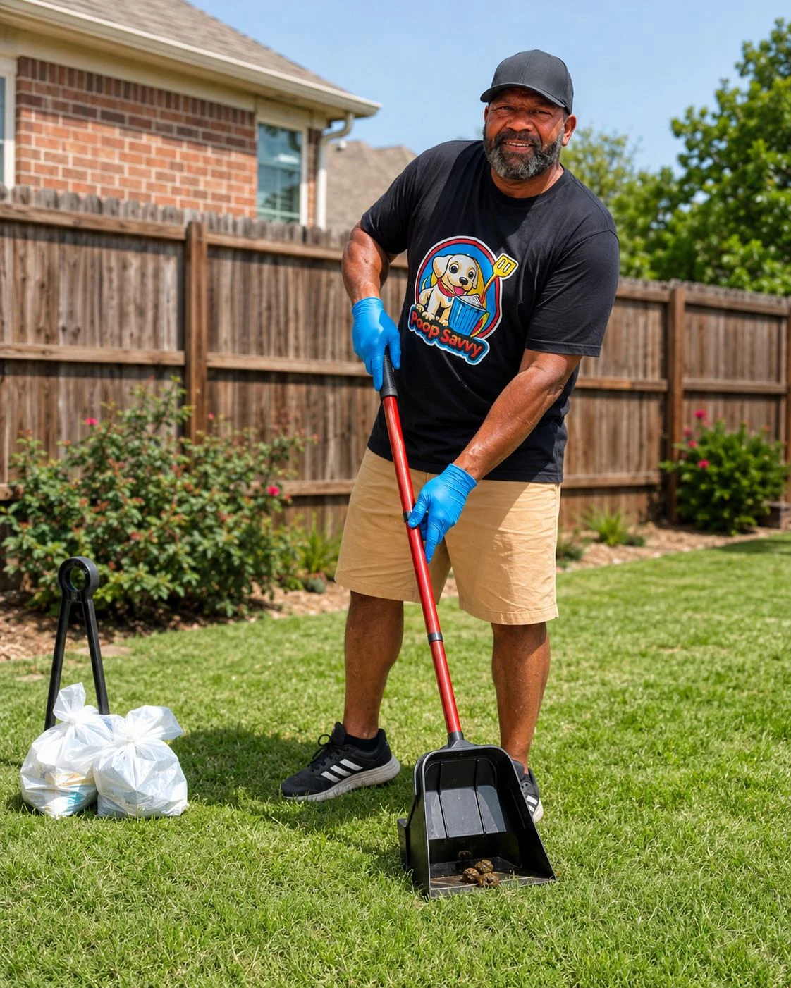 Poop Savvy technician scooping dog waste in a backyard